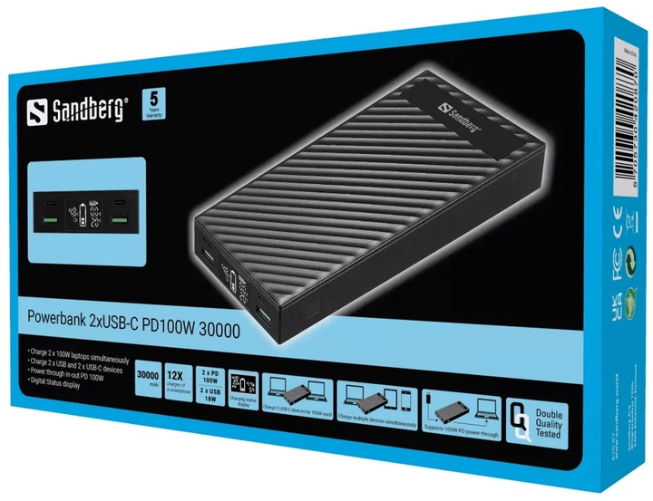 УМБ Sandberg 2 x USB-C PD100W 30000mAh Black (5705730420870) - зображення 4