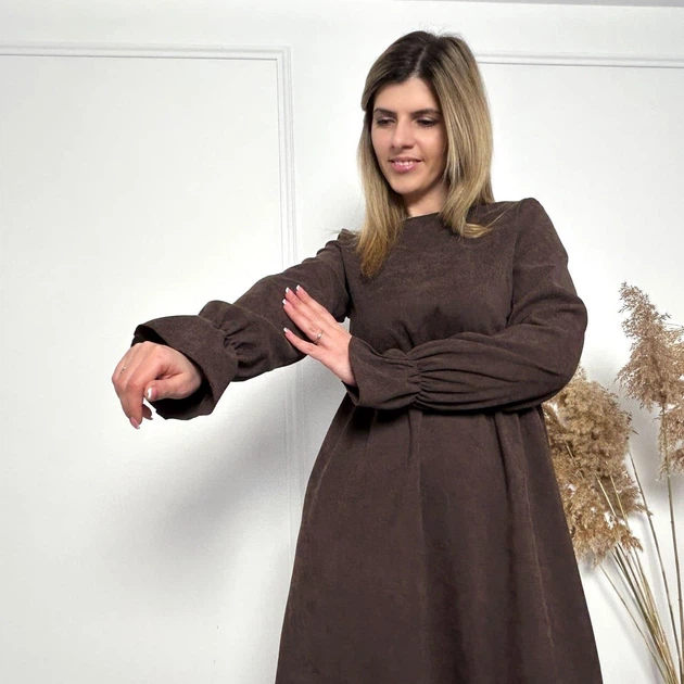Женское модное вельветовое платье с завышенной талией GF08574 цвет коричневый, размер 50/52 - Фото 5 Женское модное вельветовое платье с завышенной талией GF08574 цвет коричневый, размер 50/52 - изображение 5