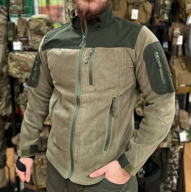 Чоловіча флісова демісезонна кофта Safari Tactical на блискавці з Softshell вставками Хакі M Kali AI467 високий комір - стійка велкро для шевронів - зображення 1