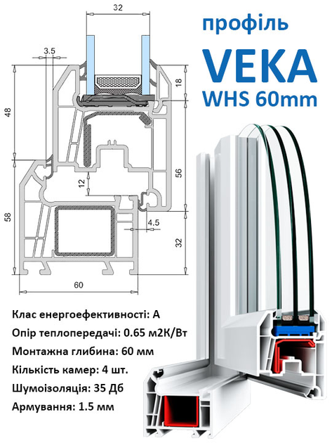 1550*600, вікно металопластикове фрамуга (відкидне), Veka WHS60 / Roto / 4i-24-4, VEKA, Україна - зображення 2