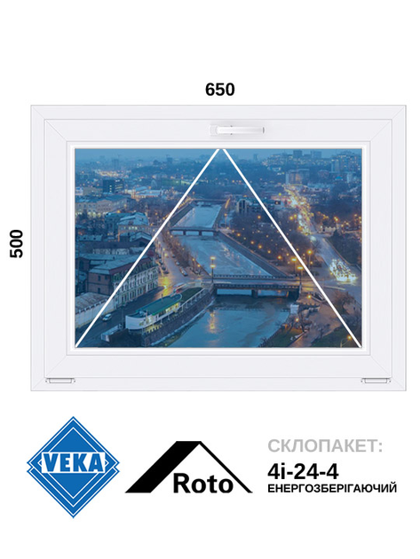 650*500, вікно металопластикове фрамуга (відкидне), Veka WHS72 / Roto / 4i-24-4, VEKA, Україна - зображення 1