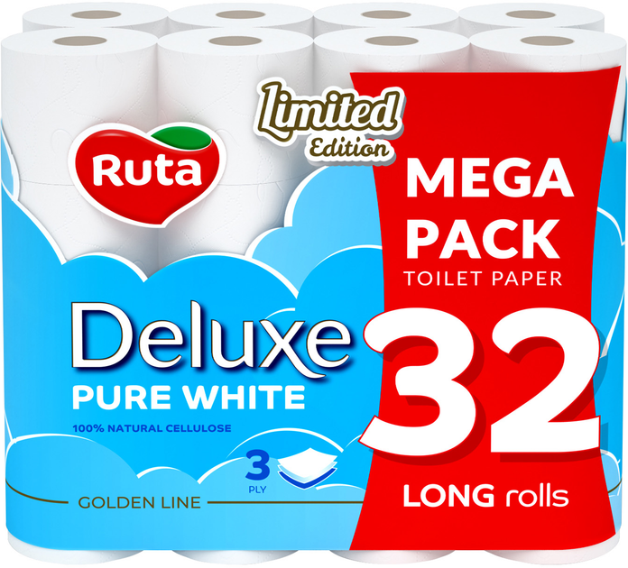 Туалетний папір Ruta Pure White Deluxe 3 шари 160 відривів 32 рулони (4820202896135) - зображення 1