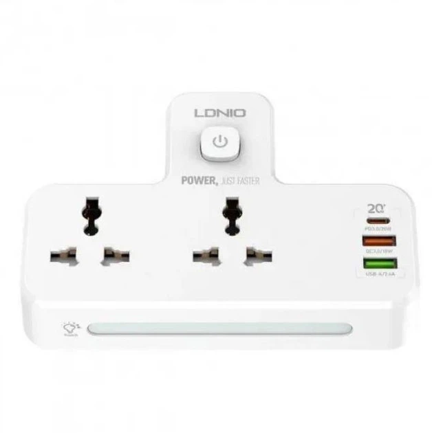 Сетевой удлинитель фильтр разветвитель LDNIO SC2311 2 USB 1 Type-C 2 розетки с ночником 20W Белый - Фото 2 Сетевой удлинитель фильтр разветвитель LDNIO SC2311 2 USB 1 Type-C 2 розетки с ночником 20W Белый - изображение 2