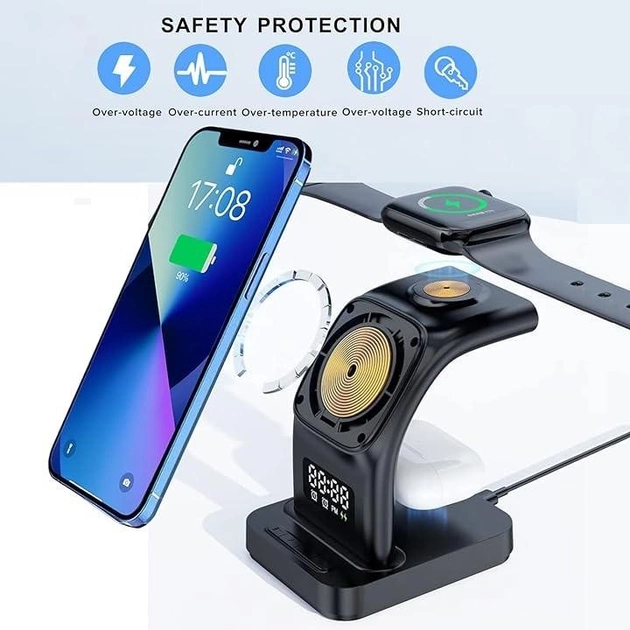 Беспроводная зарядная док-станция Earldom ET-WC37 с часами и подсветкой для iPhone 12-15/AirPods/Apple Watch 15W - Фото 5 Беспроводная зарядная док-станция Earldom ET-WC37 с часами и подсветкой для iPhone 12-15/AirPods/Apple Watch 15W - изображение 5
