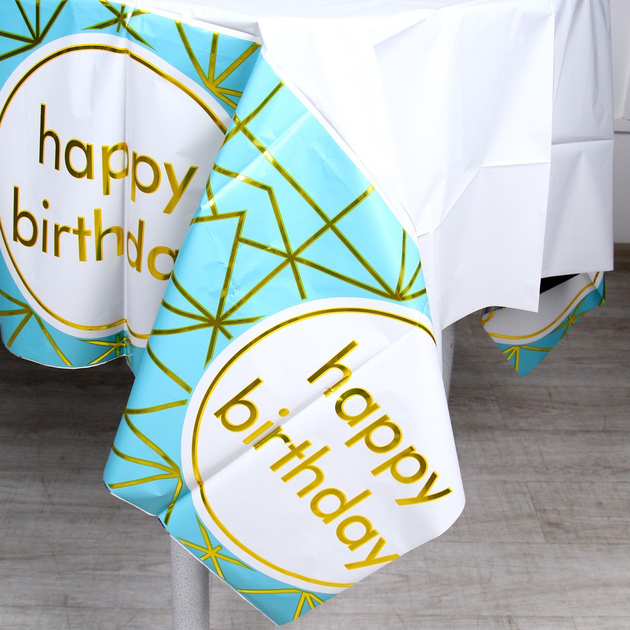 Скатерть Праздничная Фольгированная С Надписью Happy Birthday Золотые Полоски 137x183см | Голубой - изображение 2