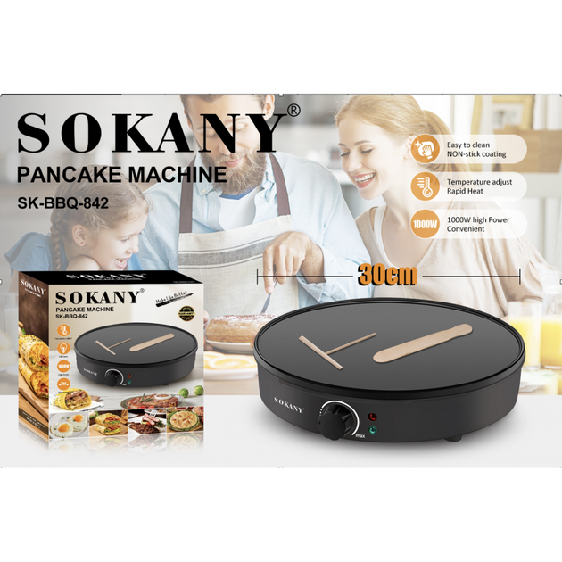 Блинница электрическая Sokany SKBBQ842 30 см 1000 Вт сковорода для блинов антипригарная 1000 Вт - изображение 4