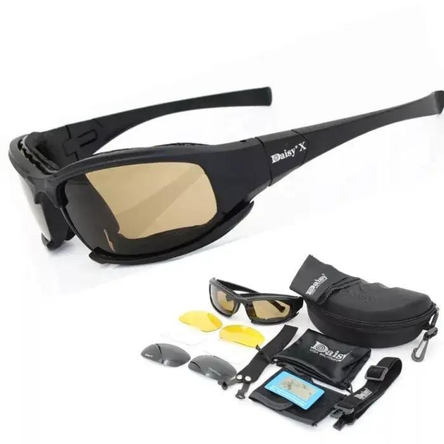 Защитные военные тактические очки с поляризацией Daisy X7 Black + 4 комплекта линз - изображение 1