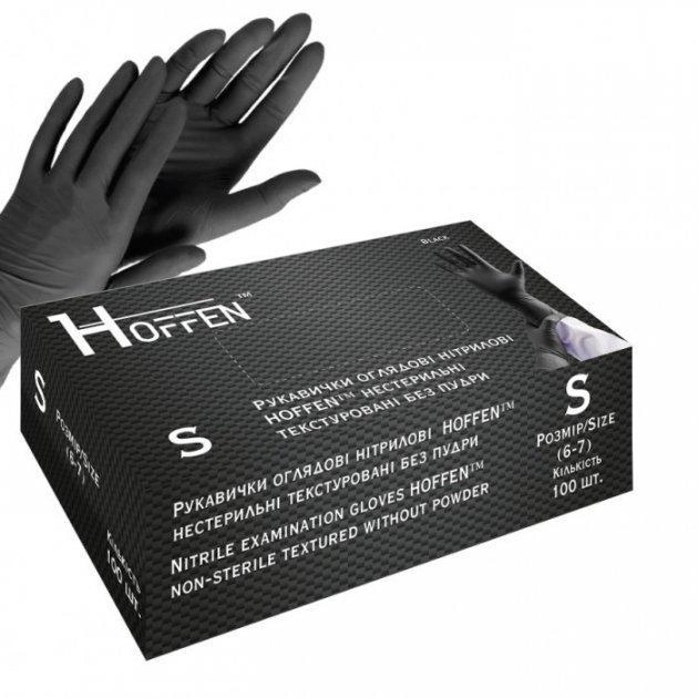 Рукавички оглядові нітрилові HOFFEN black нестерильні текстуровані без пудри розмір S - зображення 1