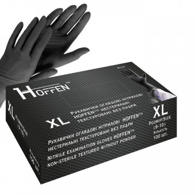 Рукавички оглядові нітрилові HOFFEN black нестерильні текстуровані без пудри розмір XL - зображення 1