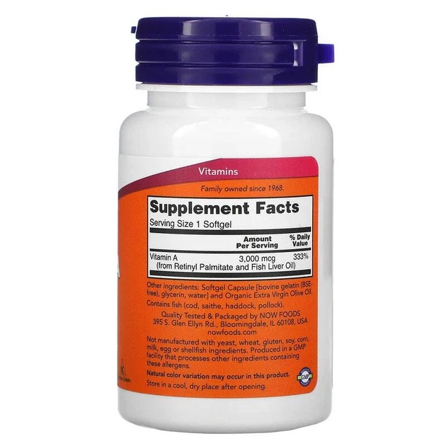 Витамин А 10000 МЕ Now Foods Vitamin A ретинилпальмитат для зрения и здоровья кожи 100 капсул - изображение 2