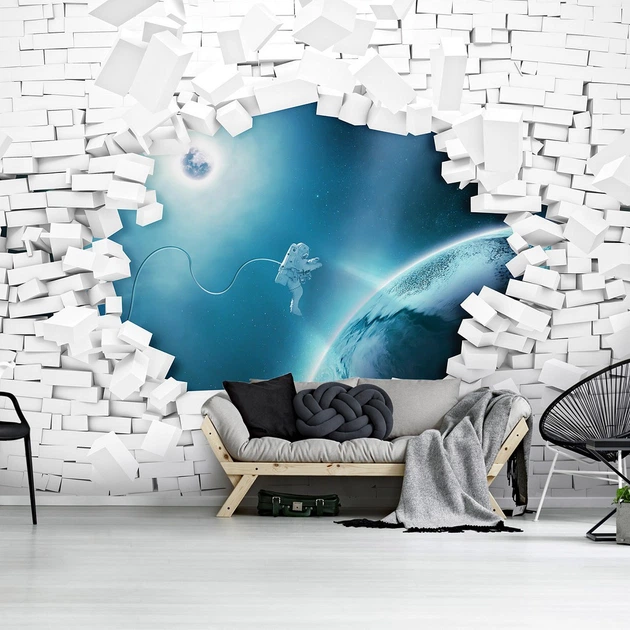 3D Флизелиновые фото обои на стену 254 x 184 см Детские - Космонавт витает за кирпичной стеной (13745V4)+клей - изображение 8