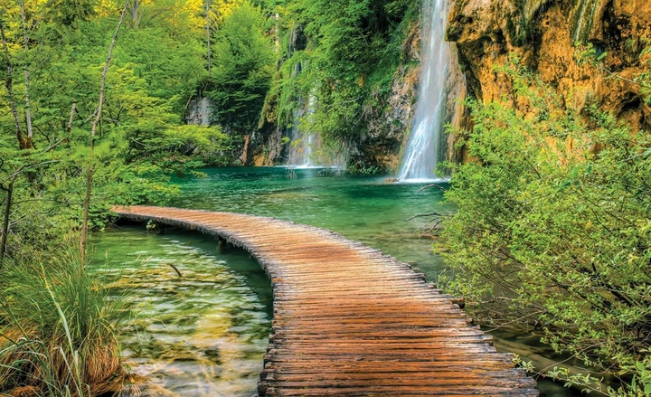 Фотошпалери 254x184 см 3D Пейзаж Природа Дерев'яна пішохідна доріжка біля водоспаду (1967V4)+клей - зображення 2