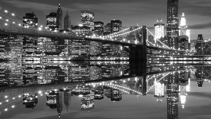 Флизелиновые фотообои города фото 312x219 см Черно-белый горизонт Нью-Йорка Бруклинский мост (1819VEXXL)+клей - изображение 2