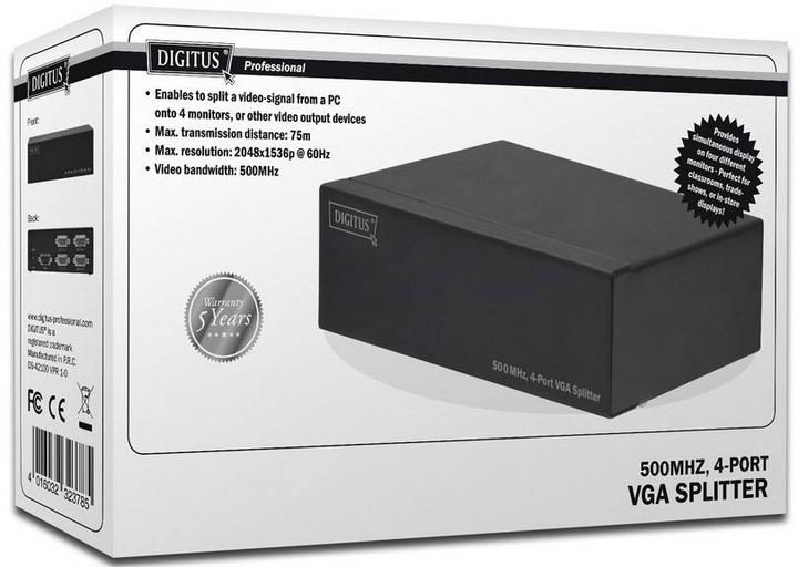 VGA розгалужувач Digitus 4-портовий 1PC 4 500МГц 75м 2048X1536 60Гц (4016032323815) - зображення 5