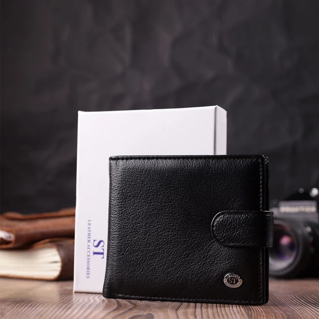 Чоловічий шкіряний гаманець ST Leather чорний з монетницею горизонтальний подвійного складання 55790 - зображення 9