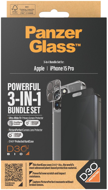 Zestaw PanzerGlass Privacy 3-in-1 Pack do Apple iPhone 15 Pro etui + szkło hartowane + szkło do obiektywów (B1173+P2810) - obraz 4