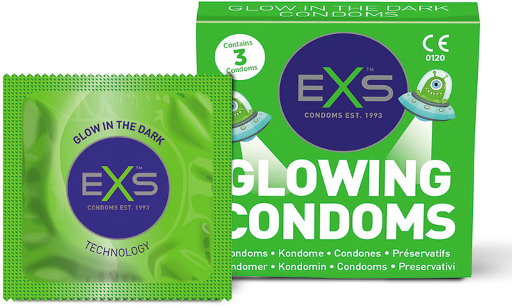 Prezerwatywy EXS Glowing Condoms świecące w ciemności 3 szt (5027701002978) - obraz 1