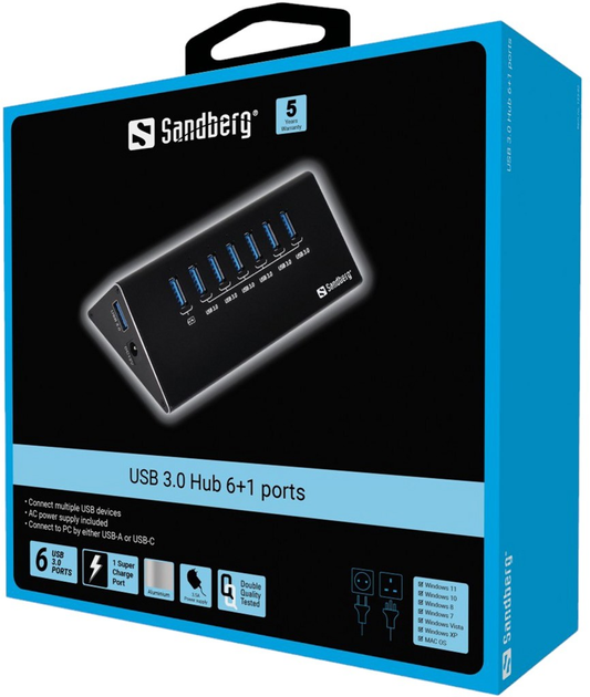USB-хаб Sandberg USB 3.0 to 7xUSB 3.0 Black (5705730133824) - зображення 2