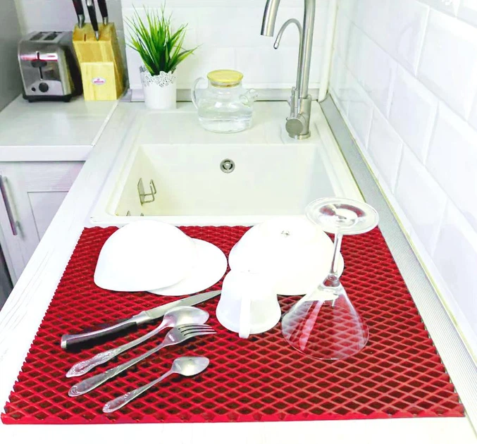 Кухонный коврик для сушки посуды EVAPUZZLE KITCHEN 50x30 см сушилка для посуды Красный - изображение 4