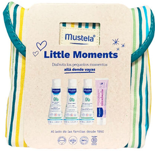 Zestaw Mustela Little Moments krem - balsam 50 ml + woda oczyszczająca 100 ml + żel do kąpieli 100 ml + mleczko do ciała hydra baby 100 ml + kosmetyczka stripes (8436034154006) - obraz 1