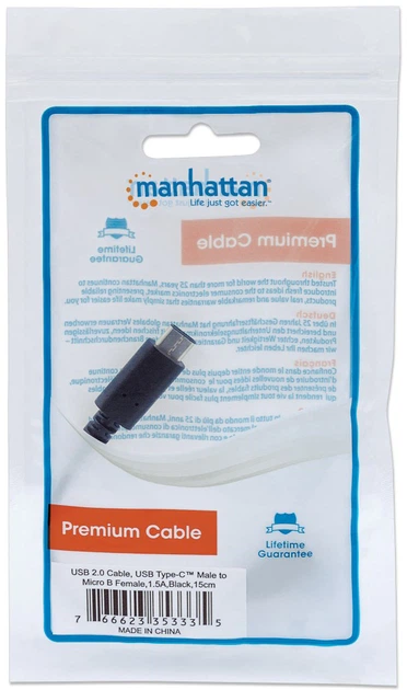 Кабель Manhattan USB 2.0 Micro-B(F) / Type-C(M) 0.15 м Чорний (766623353335) - зображення 6