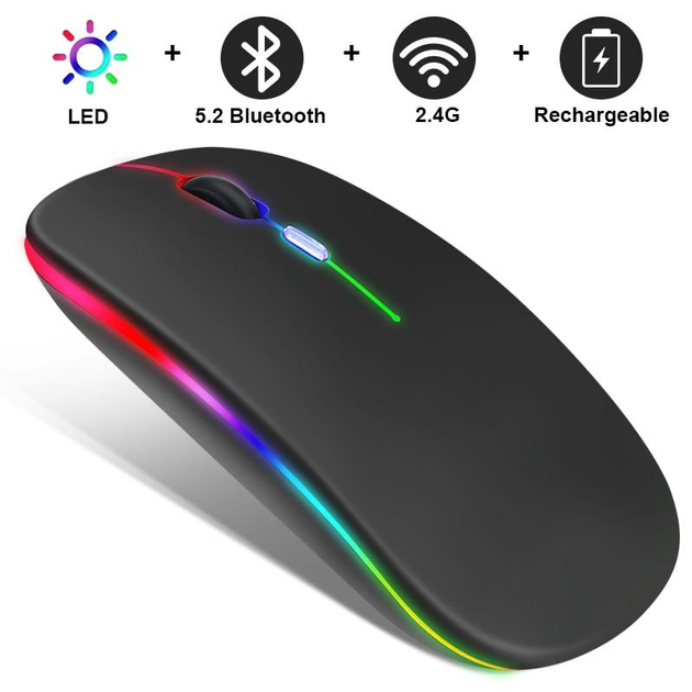 Беспроводная бесшумная мышь BauTech с LED-подсветкой RGB аккумуляторная Bluetooth + 2.4 ГГц тихая, RF-6800,чёрный - изображение 1