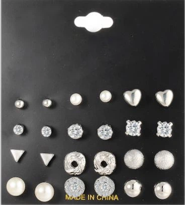 Бижутерные серьги 2049 набор 12 пар серебристые гвоздики Fashion Jewelry silver - изображение 2