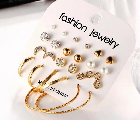Бижутерные серьги 2045 набор 12 пар микс золотые гвоздики Fashion Jewelry gold - изображение 3