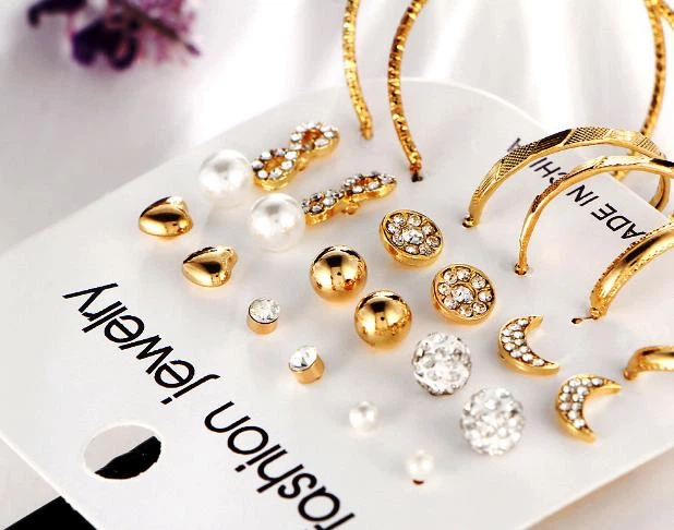 Бижутерные серьги 2045 набор 12 пар микс золотые гвоздики Fashion Jewelry gold - изображение 6