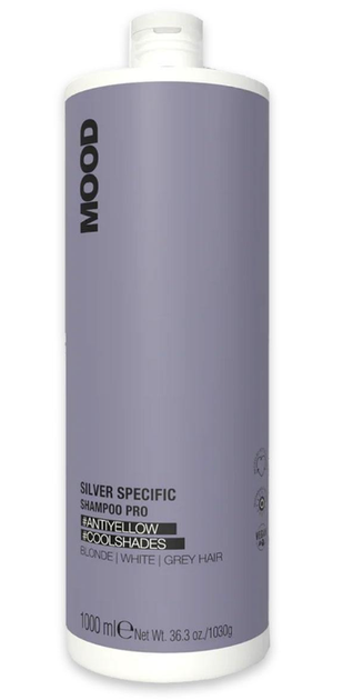 Шампунь с фиолетовыми пигментами которые нейтрализуют желтые тона Mood Silver Specific Shampoo Pro, 1000 мл - Фото 1 Шампунь с фиолетовыми пигментами которые нейтрализуют желтые тона Mood Silver Specific Shampoo Pro, 1000 мл - изображение 1