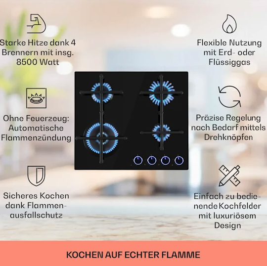 Газовая варочная панель Klarstein Illuminosa 4, Конфорка Sabaf, стеклокерамика - изображение 8