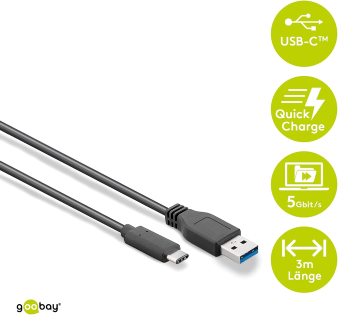 Кабель Goobay Super Speed ​​USB-C na USB A 3.0 3 m Black (4040849731419) - зображення 2