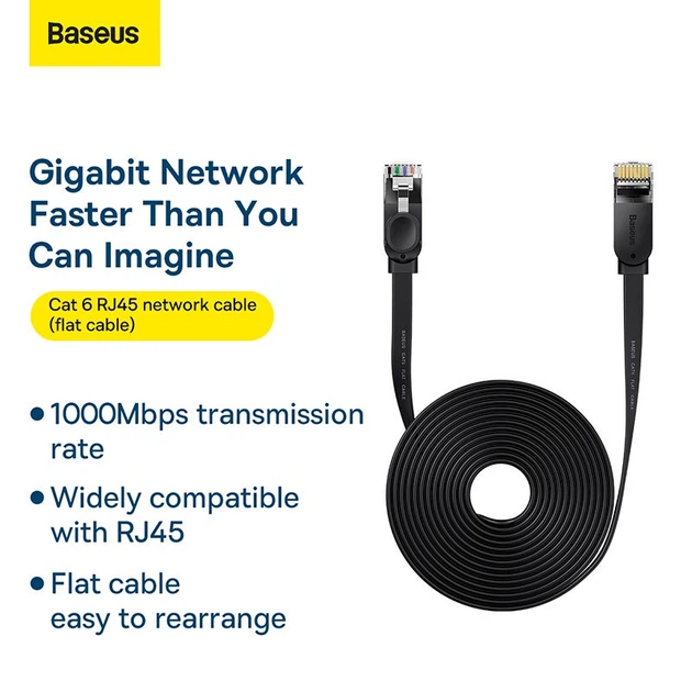 Патч корд мережевий кабель Baseus WKJS000301 High Speed ​​Six types of RJ45 Gigabit network cable (flat cable) | 15m | black - зображення 16