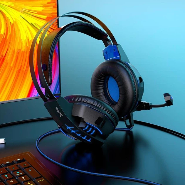 Наушники проводные игровые HOCO W102 gaming Cool tour подсветка LED черно синие - изображение 3
