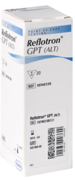 Тест-полоски Roche Diagnostics Reflotron Gpt для количественного определения глутамат-пируват-трансаминазы крови 30 шт (127052503249) - изображение 1