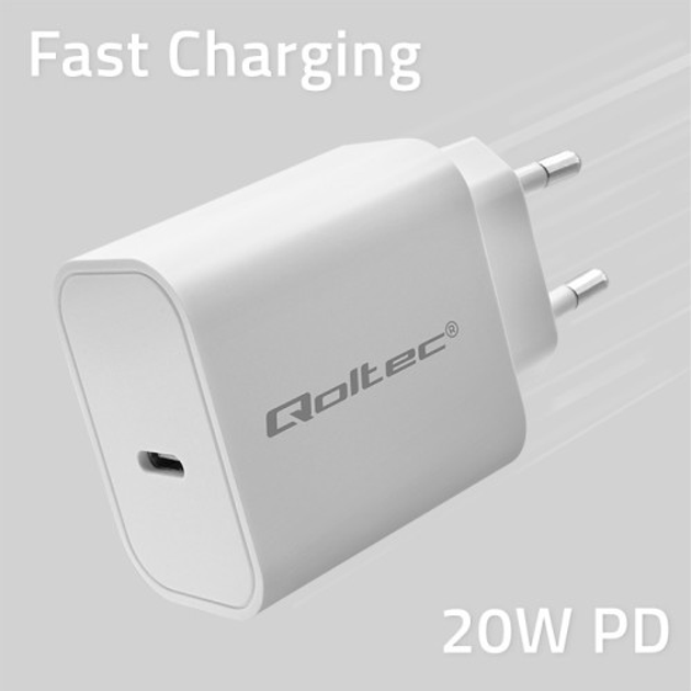 Ładowarka sieciowa Qoltec Super Quick PD charger USB-C 20W 5-12V 1.67-3A White - obraz 3