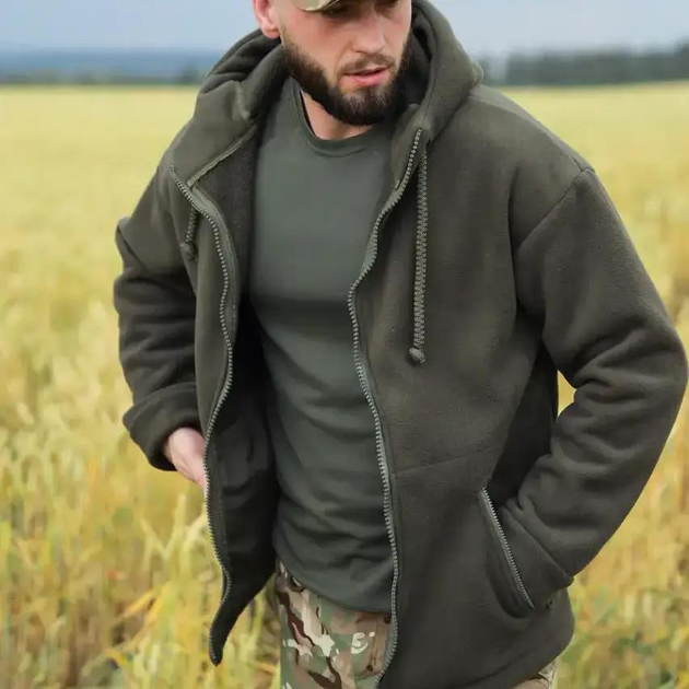 Куртка тактична з капюшоном чоловіча зі щільного флісу та шерпа щільністю 550г/м2 Grizli Олива 48 - зображення 2