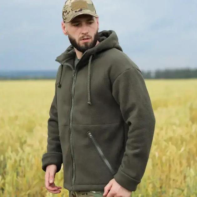 Куртка тактическая с капюшоном мужская из плотного флиса и шерпа плотностью 550г/м2 Grizli Олива 50 - изображение 1