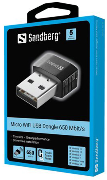 Wi-Fi adapter Sandberg Micro Dongle 2.4/5 GHz 650 Mbit/s USB Czarny (5705730133916) - obraz 2