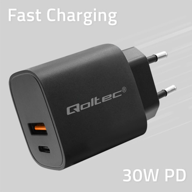 Ładowarka sieciowa Qoltec GaN Power Pro Charger USB-C USB-A 30W 5-20V 1.5-3A Black - obraz 4