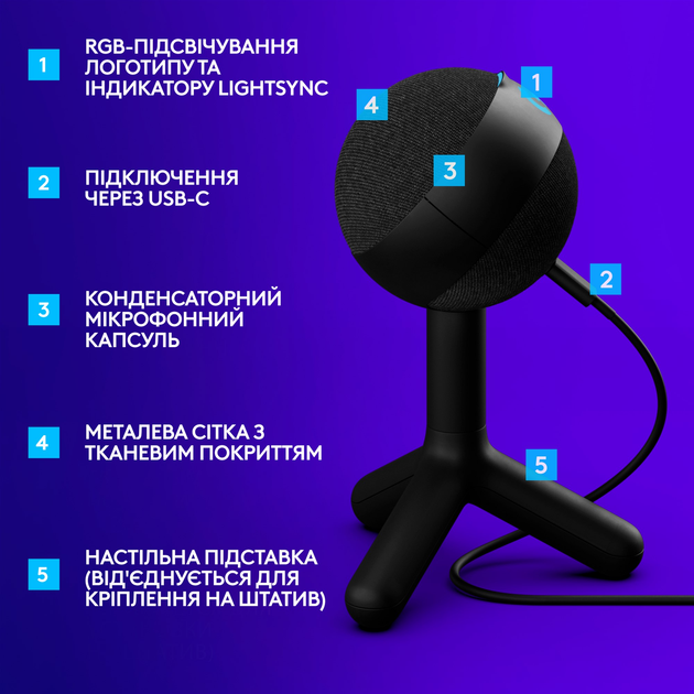 Мікрофон Logitech G Yeti Orb RGB Gaming Mic with Lightsync Black (988-000551) - зображення 5