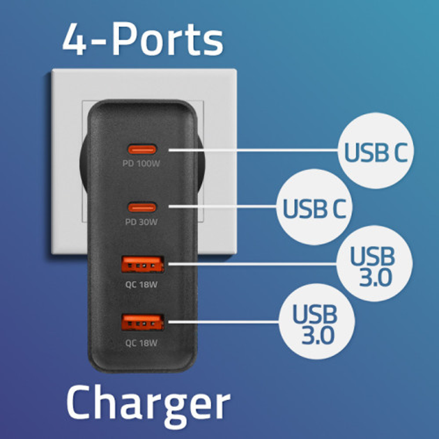 Мережевий зарядний пристрій Qoltec GaN Power Pro Charger 2 x USB-C 2 x USB-A 130W 5-20V 1.5-5A Black - зображення 2