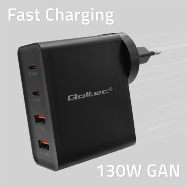Мережевий зарядний пристрій Qoltec GaN Power Pro Charger 2 x USB-C 2 x USB-A 130W 5-20V 1.5-5A Black - зображення 3