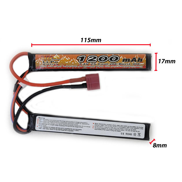 Акумулятор LiPo 7.4V 1200mAh - 2 sticks 20-40C нунчаки Т-конектор (VBPower) (для страйкболу) - зображення 1