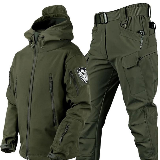 Костюм мужской на флисе Куртка + Брюки олива / Демисезонный Комплект Softshell размер 2XL - изображение 1