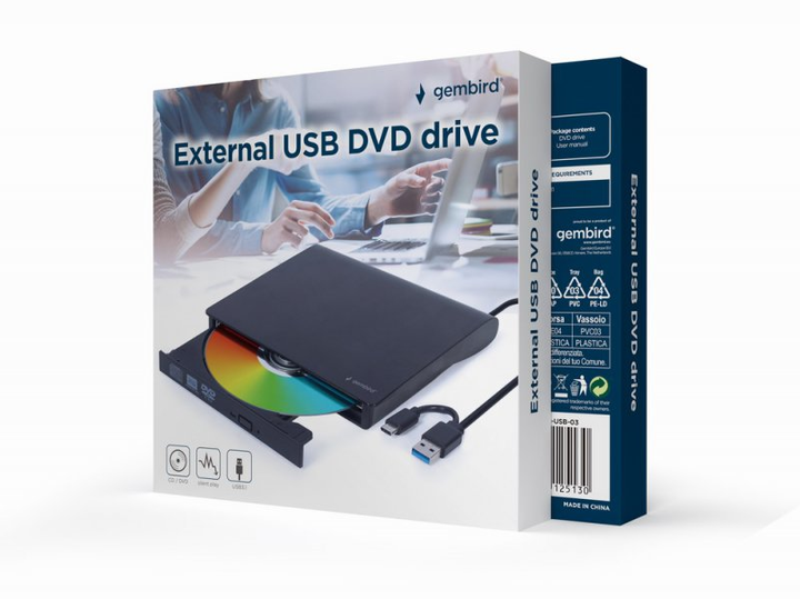 Наружный DVD-привод Gembird DVD-USB-03, USB 3.0 (+ Type-C), черный - изображение 2