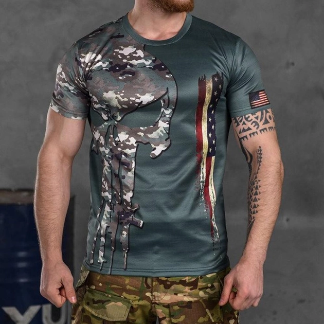 Потоотводящая мужская футболка с принтом "Punisher USA" Coolmax олива мультикам размер 2XL - изображение 1