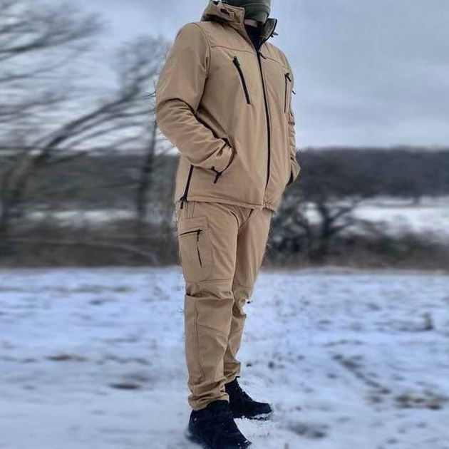 Мужской Демисезонный костюм на флисе / Комплект Куртка + Брюки Softshell койот размер 2XL - изображение 2
