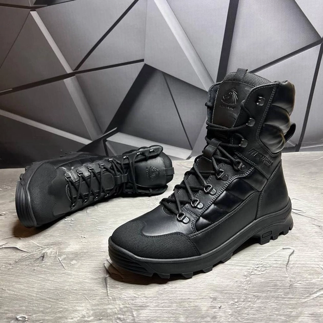 Мужские кожаные берцы на меху / Высокие ботинки KTV на резиновой подошве с протектором черные размер 42 - изображение 2