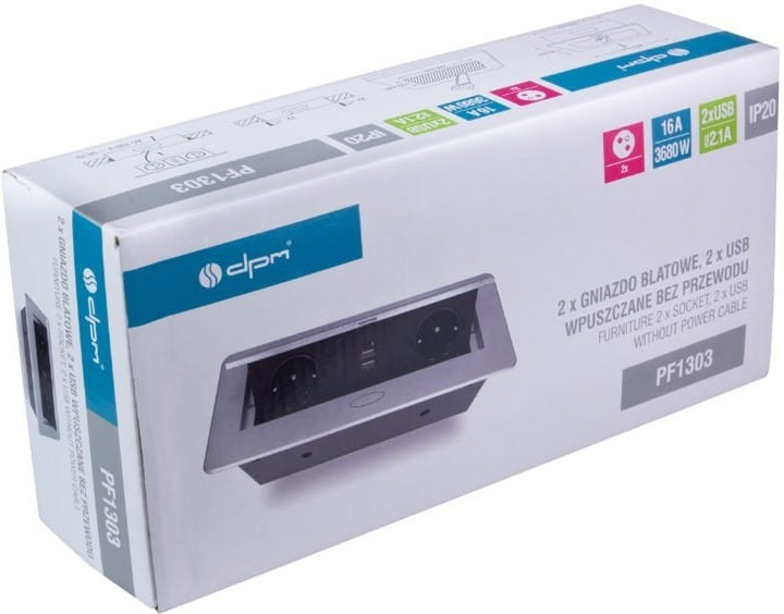 Listwa przedłużacza wpuszczana w blat bez przewodu DPM PF1303 2 gniazda 2 x USB srebrna (5906881215227) - obraz 6